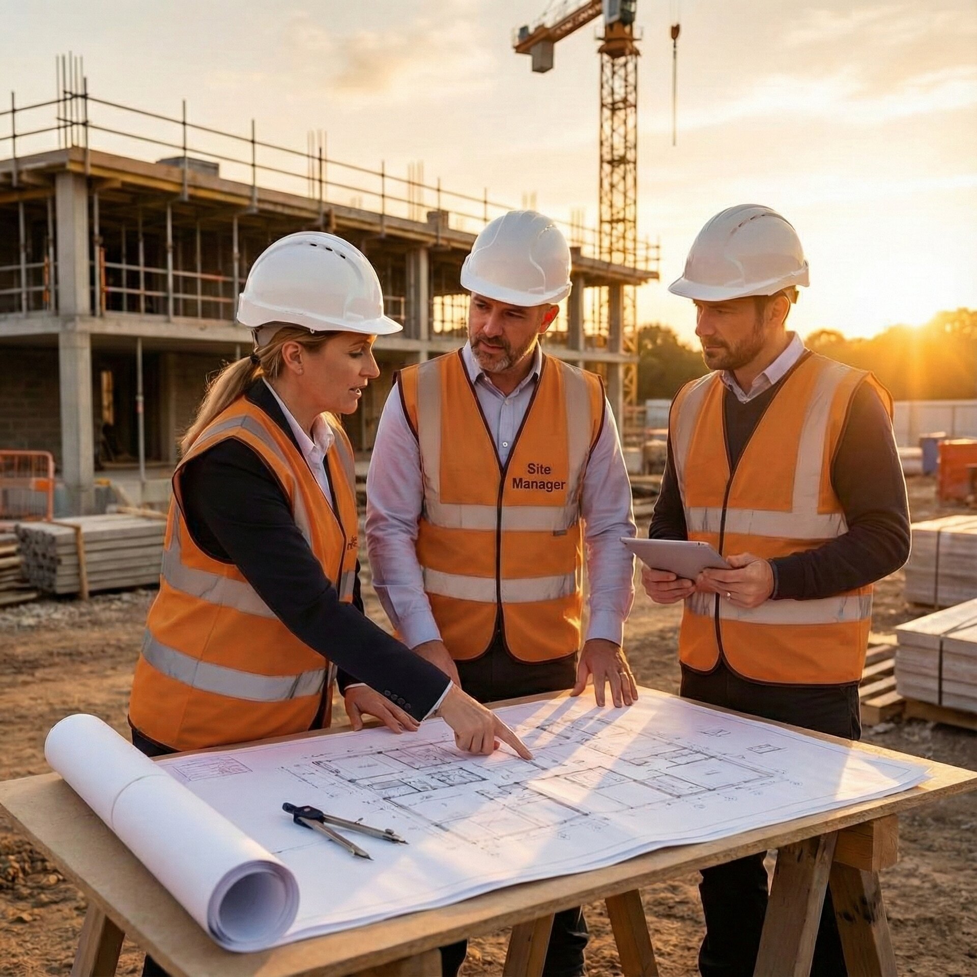 Construction team reviewing plans on site